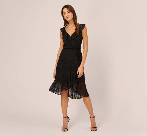 Adrianna Papell Eyelet Faux Wrap Midi Dress With Ruffle Details In Black