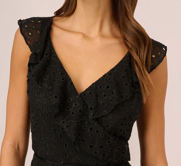 Adrianna Papell Eyelet Faux Wrap Midi Dress With Ruffle Details In Black