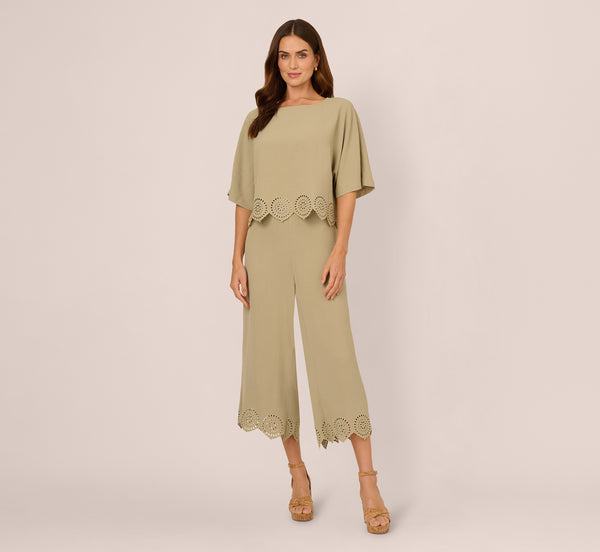 Adrianna Papell Eyelet Hem Dolman Sleeve Shirt And Pull On Pant Set In Dusty Sage Green