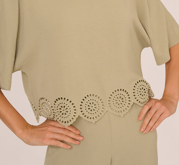 Adrianna Papell Eyelet Hem Dolman Sleeve Shirt And Pull On Pant Set In Dusty Sage Green