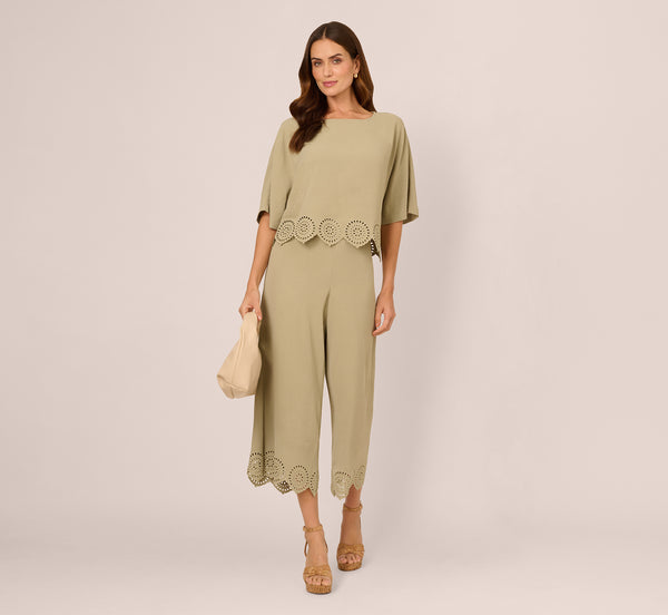 adrianna papell Eyelet Hem Dolman Sleeve Shirt And Pull On Pant Set In Dusty Sage Green