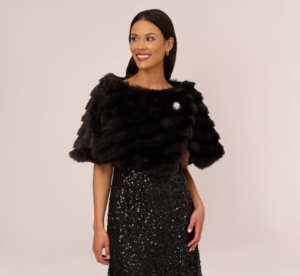 adrianna papell Faux Fur Wrap With Stone Brooch In Black