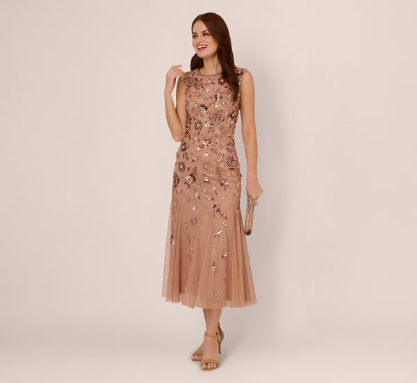 Adrianna Papell Floral Beaded Ankle Length Gown In Rose Gold