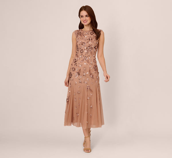 Adrianna Papell Floral Beaded Ankle Length Gown In Rose Gold