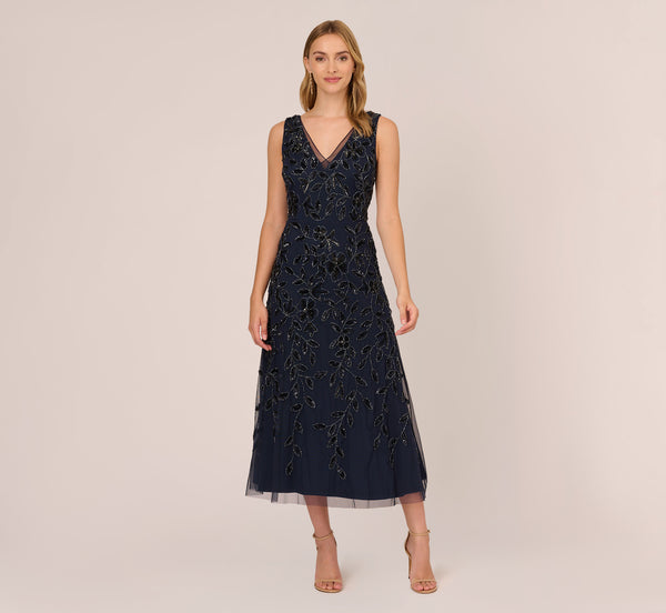 Adrianna Papell Floral Beaded Ankle Length Sleeveless Gown In Navy