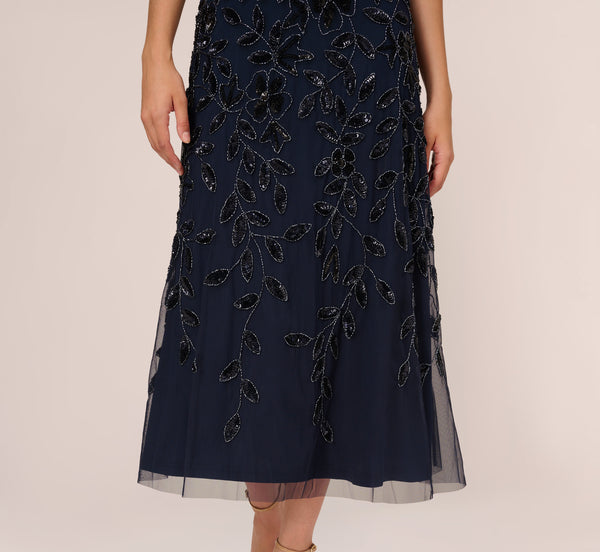Adrianna Papell Floral Beaded Ankle Length Sleeveless Gown In Navy