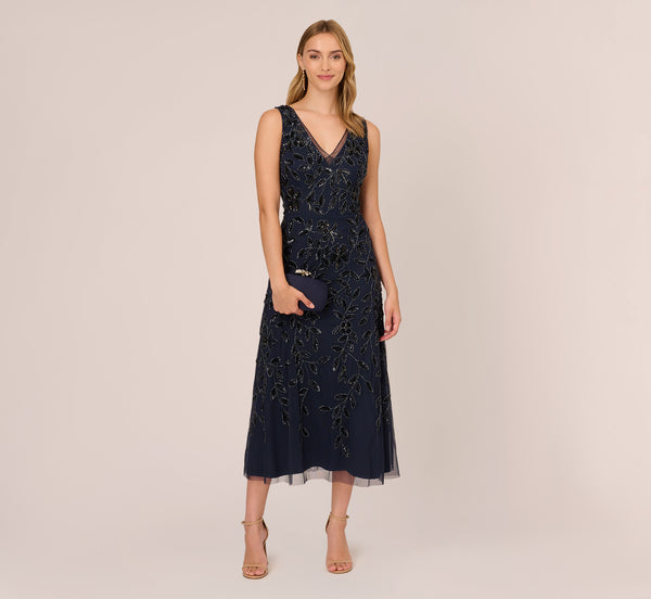 adrianna papell Floral Beaded Ankle Length Sleeveless Gown In Navy