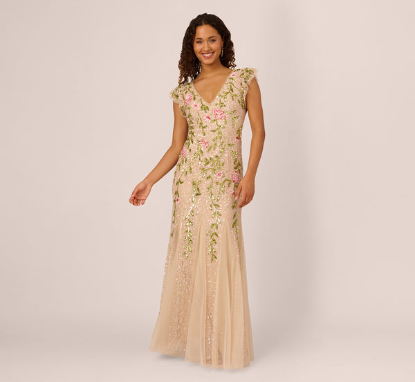 Adrianna Papell Floral Beaded Mermaid Gown With Flutter Cap Sleeves In Light Champagne