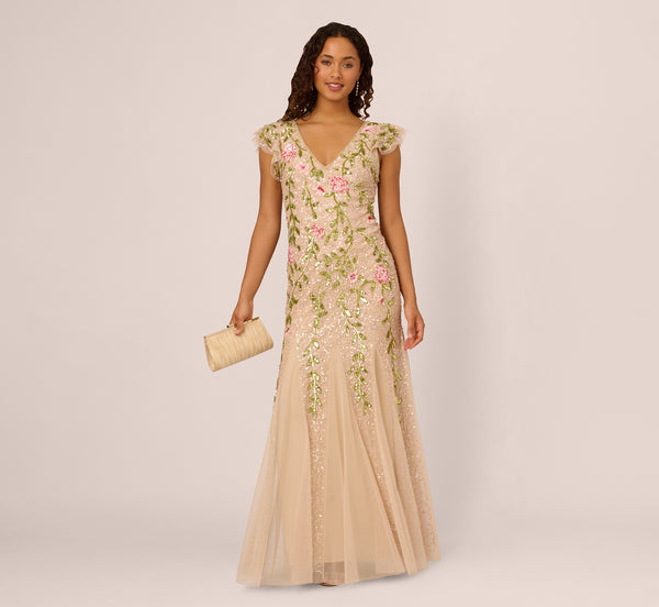 Adrianna Papell Floral Beaded Mermaid Gown With Flutter Cap Sleeves In Light Champagne