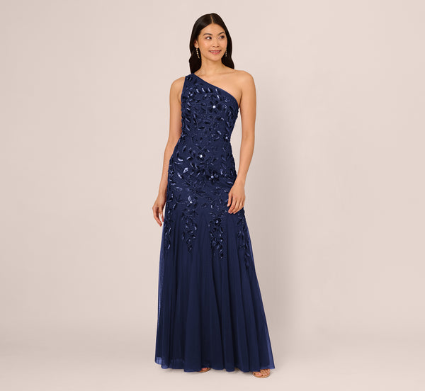 Adrianna Papell Floral Beaded One Shoulder Mermaid Gown With Godet Skirt In Light Navy