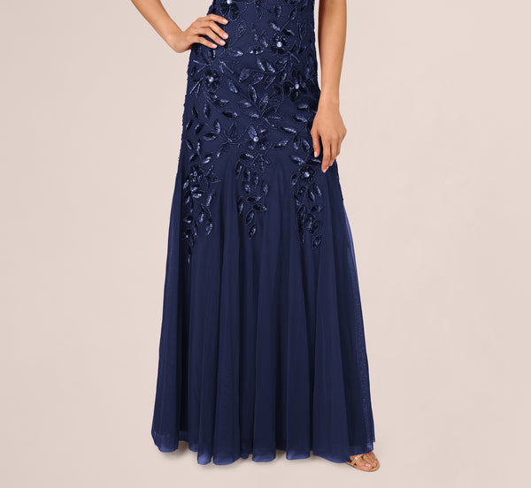 Adrianna Papell Floral Beaded One Shoulder Mermaid Gown With Godet Skirt In Light Navy