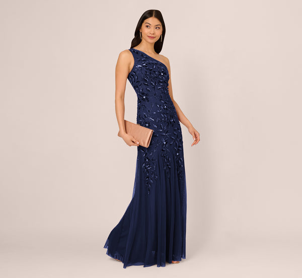 adrianna papell Floral Beaded One Shoulder Mermaid Gown With Godet Skirt In Light Navy