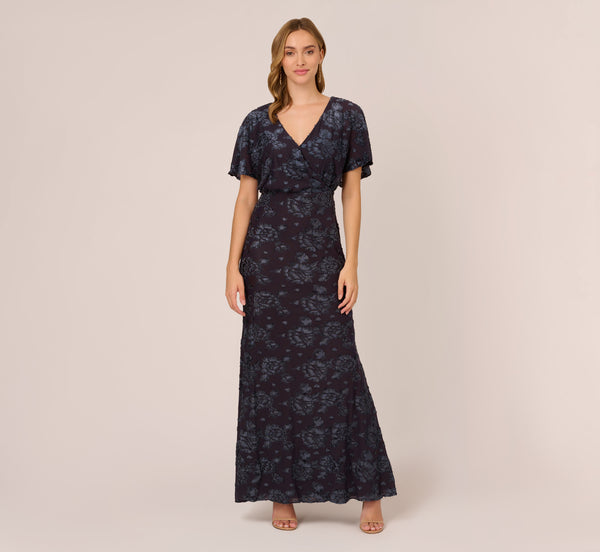 Adrianna Papell Floral Burnout Velvet Long Blouson Gown In Midnight