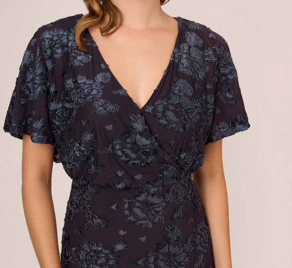 Adrianna Papell Floral Burnout Velvet Long Blouson Gown In Midnight