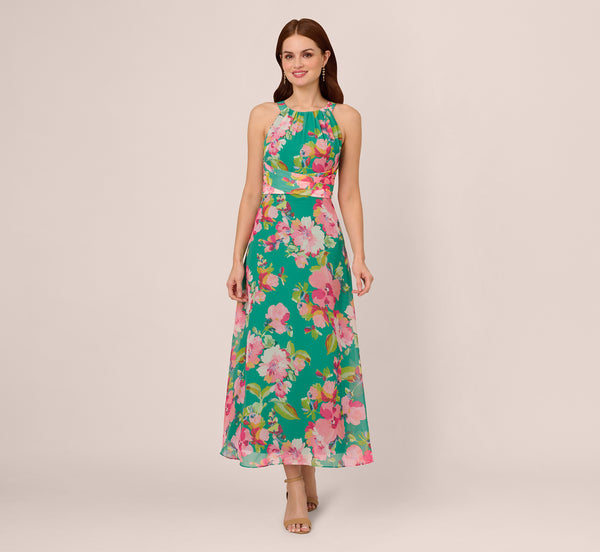 Adrianna Papell Floral Chiffon Halter Midi Dress In Green Multi
