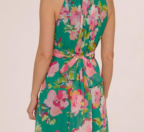 Adrianna Papell Floral Chiffon Halter Midi Dress In Green Multi