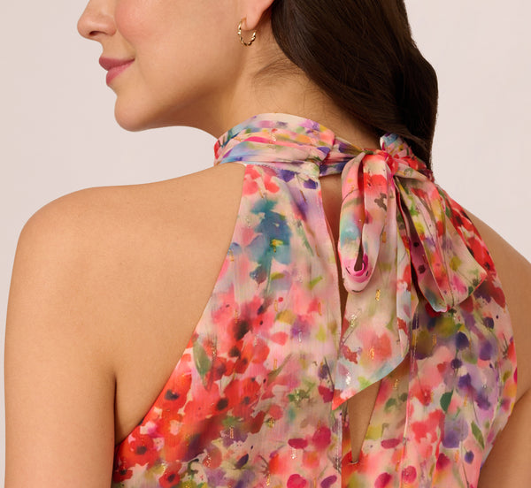 Adrianna Papell Floral Chiffon Halter Midi Dress With Blouson Bodice In Red Multi