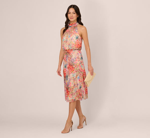 adrianna papell Floral Chiffon Halter Midi Dress With Blouson Bodice In Red Multi