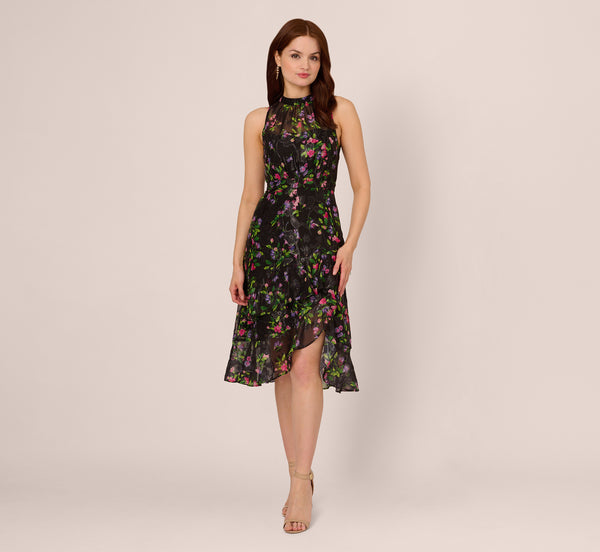 Adrianna Papell Floral Chiffon Halter Midi Dress With Flounce Hem In Black Multi
