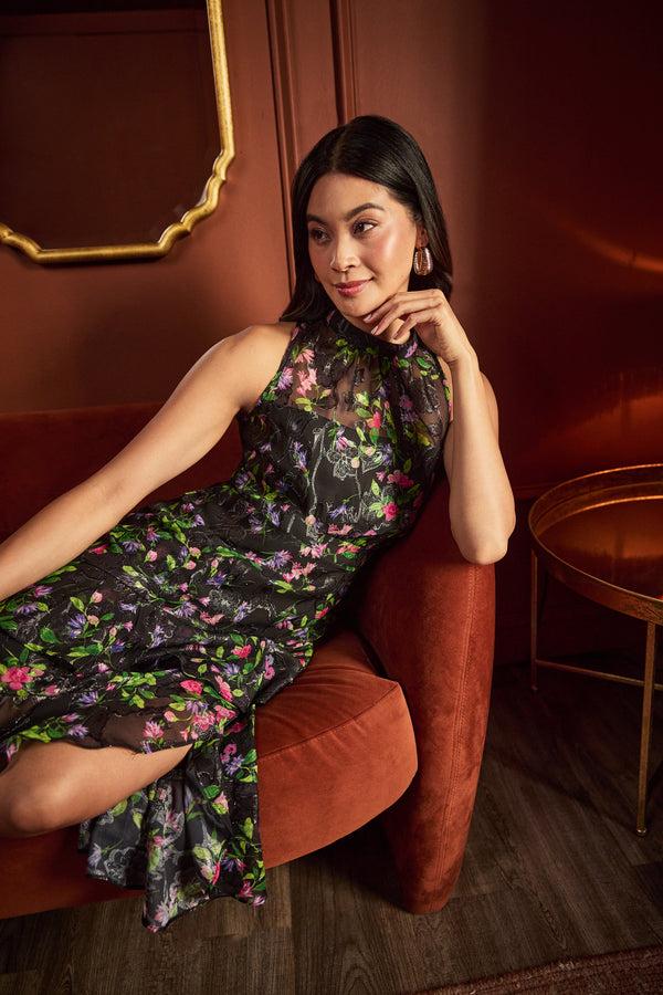 adrianna papell Floral Chiffon Halter Midi Dress With Flounce Hem In Black Multi