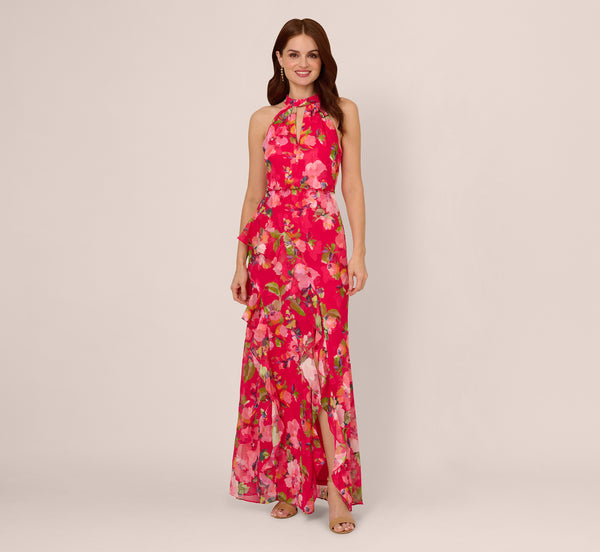 Adrianna Papell Floral Chiffon Keyhole Halter Maxi Dress In Pink Multi
