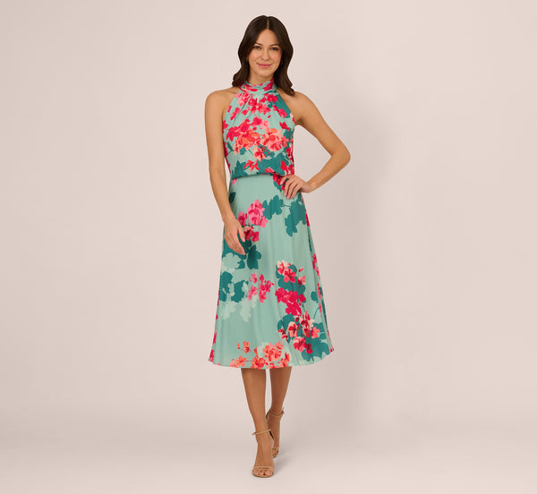Adrianna Papell Floral Chiffon Midi Halter Dress In Turquoise Multi