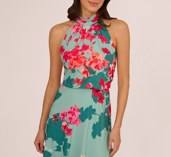 Adrianna Papell Floral Chiffon Midi Halter Dress In Turquoise Multi