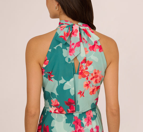 Adrianna Papell Floral Chiffon Midi Halter Dress In Turquoise Multi