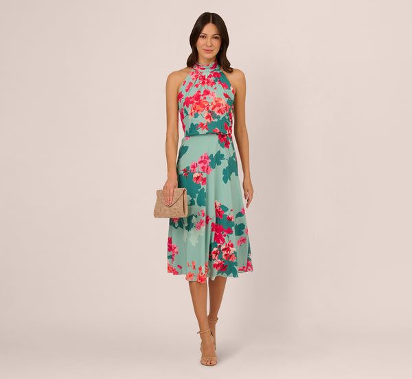 adrianna papell Floral Chiffon Midi Halter Dress In Turquoise Multi adrianna papell Floral Chiffon Midi Halter Dress In Turquoise Multi