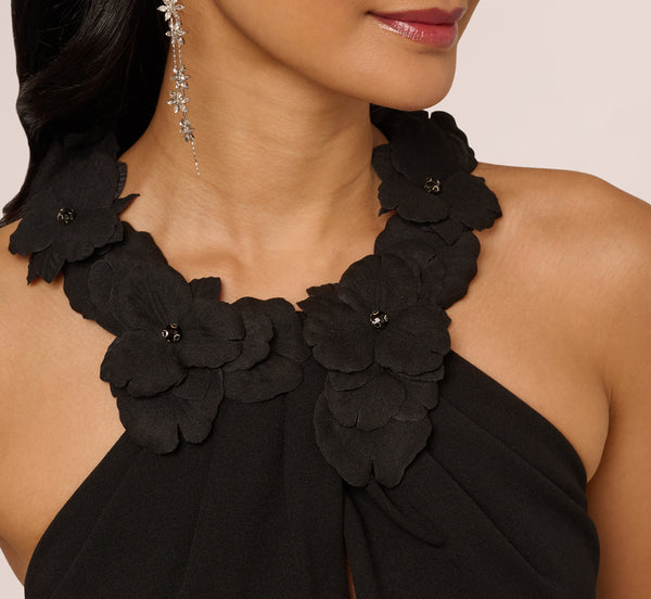 Adrianna Papell Floral Embellished Crossover Halter Gown In Black