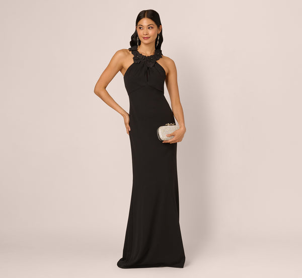 adrianna papell Floral Embellished Crossover Halter Gown In Black