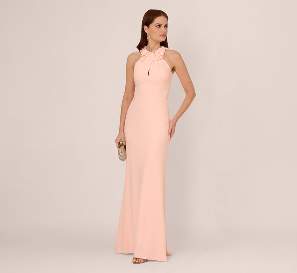 Adrianna Papell Floral Embellished Crossover Halter Gown In Peach Kiss