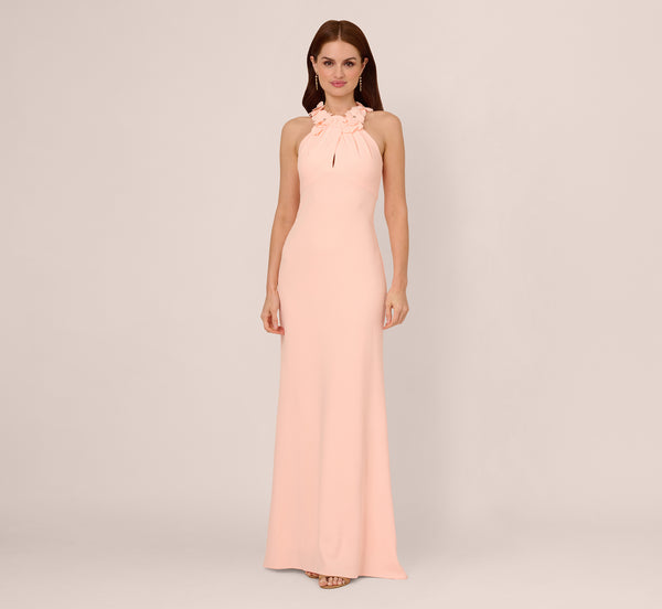Adrianna Papell Floral Embellished Crossover Halter Gown In Peach Kiss