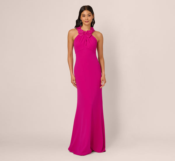 Adrianna Papell Floral Embellished Crossover Halter Gown In Pink Flambe