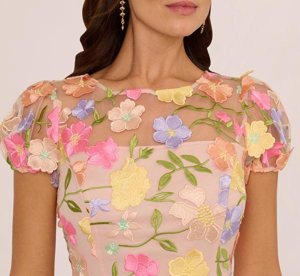 Adrianna Papell Floral Embroidered Flounce Dress With Sheer Short Sleeves In Nude Multi