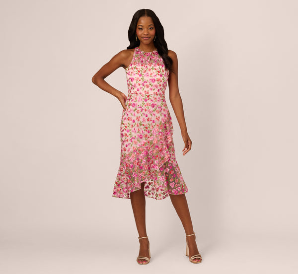 Adrianna Papell Floral Embroidered Flounce Halter Dress In Pink Multi