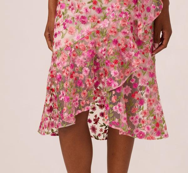 Adrianna Papell Floral Embroidered Flounce Halter Dress In Pink Multi