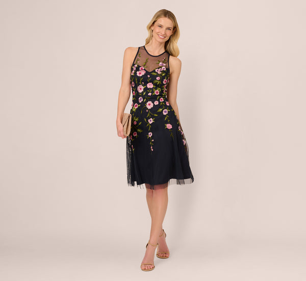 Adrianna Papell Floral Embroidered Illusion Midi Dress In Midnight Multi