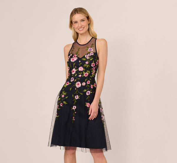 Adrianna Papell Floral Embroidered Illusion Midi Dress In Midnight Multi