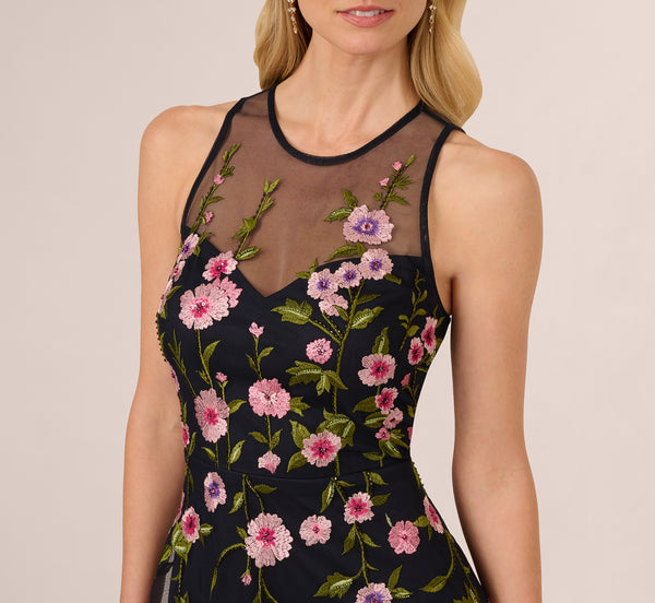 Adrianna Papell Floral Embroidered Illusion Midi Dress In Midnight Multi