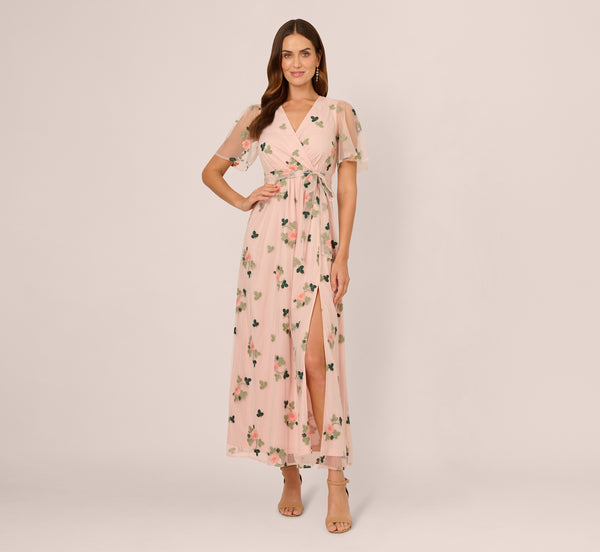 Adrianna Papell Floral Embroidered Maxi Dress With Sheer Flutter Sleeves In Blush Multi