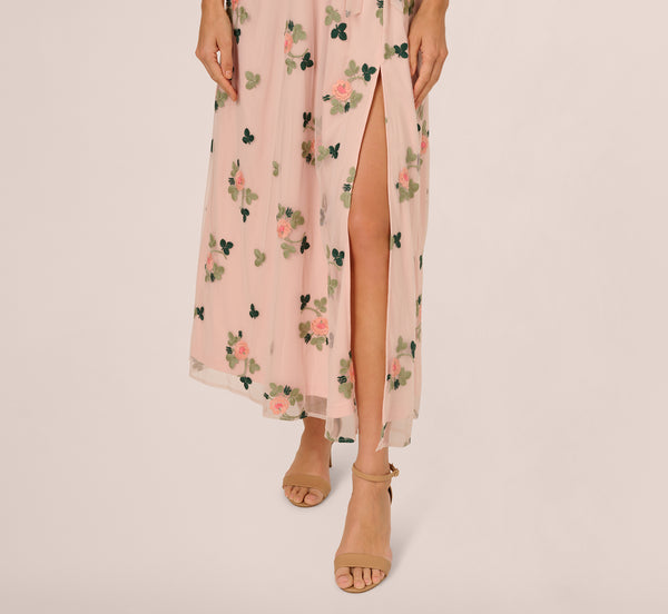 Adrianna Papell Floral Embroidered Maxi Dress With Sheer Flutter Sleeves In Blush Multi