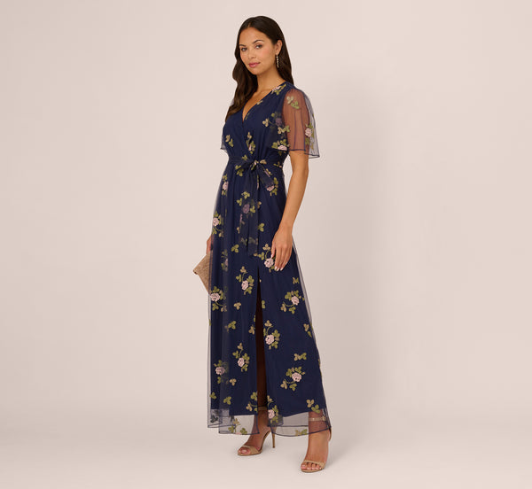 Adrianna Papell Floral Embroidered Maxi Dress With Sheer Flutter Sleeves In Navy Multi