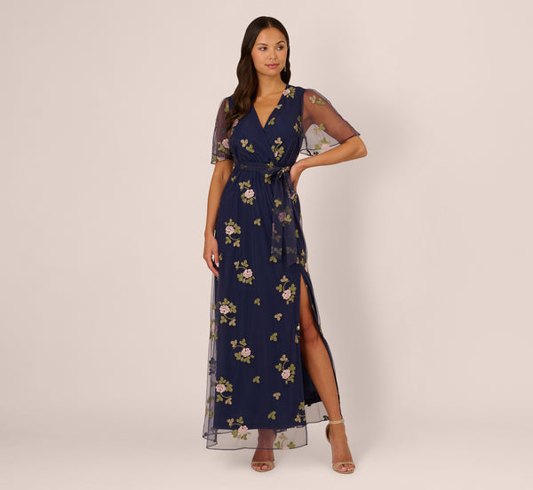 Adrianna Papell Floral Embroidered Maxi Dress With Sheer Flutter Sleeves In Navy Multi