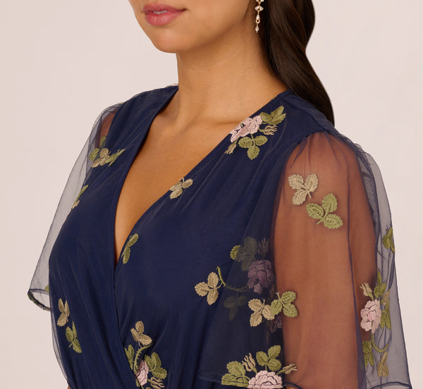 Adrianna Papell Floral Embroidered Maxi Dress With Sheer Flutter Sleeves In Navy Multi