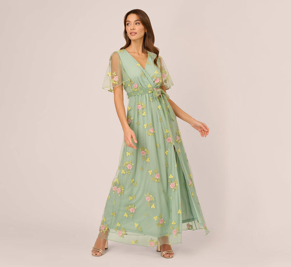 Adrianna Papell Floral Embroidered Maxi Dress With Sheer Flutter Sleeves In Sage Multi