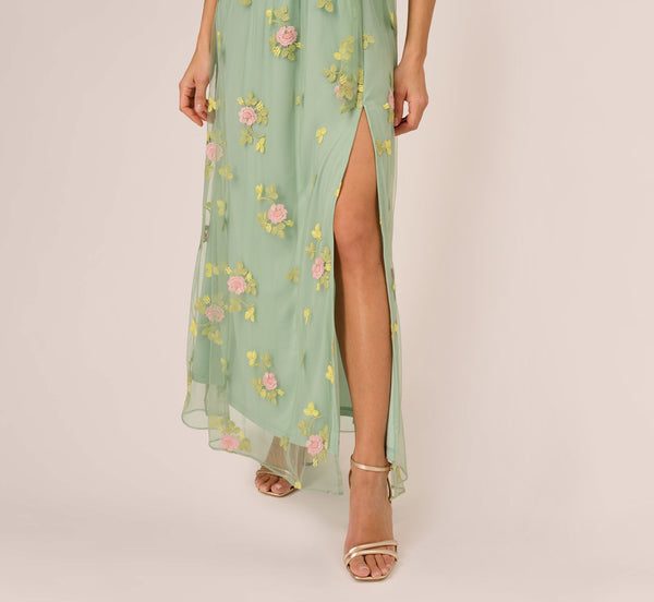 Adrianna Papell Floral Embroidered Maxi Dress With Sheer Flutter Sleeves In Sage Multi