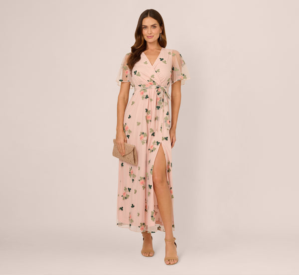 adrianna papell Floral Embroidered Maxi Dress With Sheer Flutter Sleeves In Blush Multi