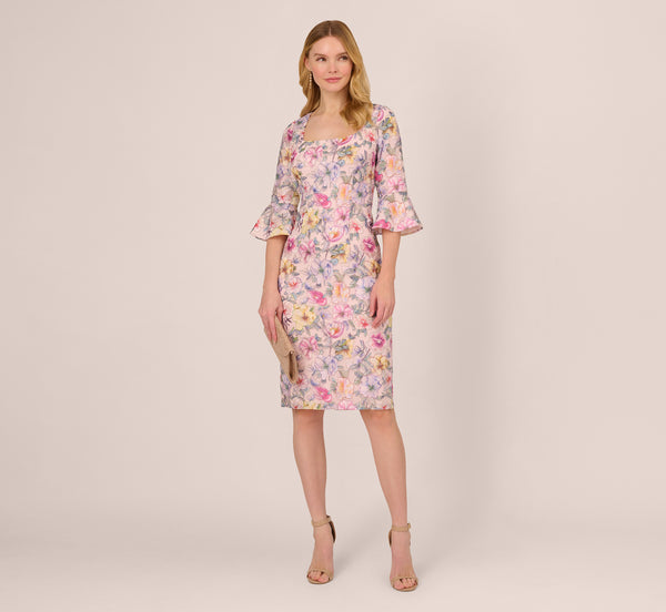 Adrianna Papell Floral Embroidered Sheath Dress With Three Quarter Bell Sleeves In Blush Multi