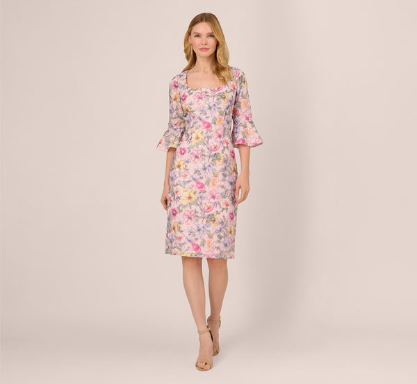 Adrianna Papell Floral Embroidered Sheath Dress With Three Quarter Bell Sleeves In Blush Multi